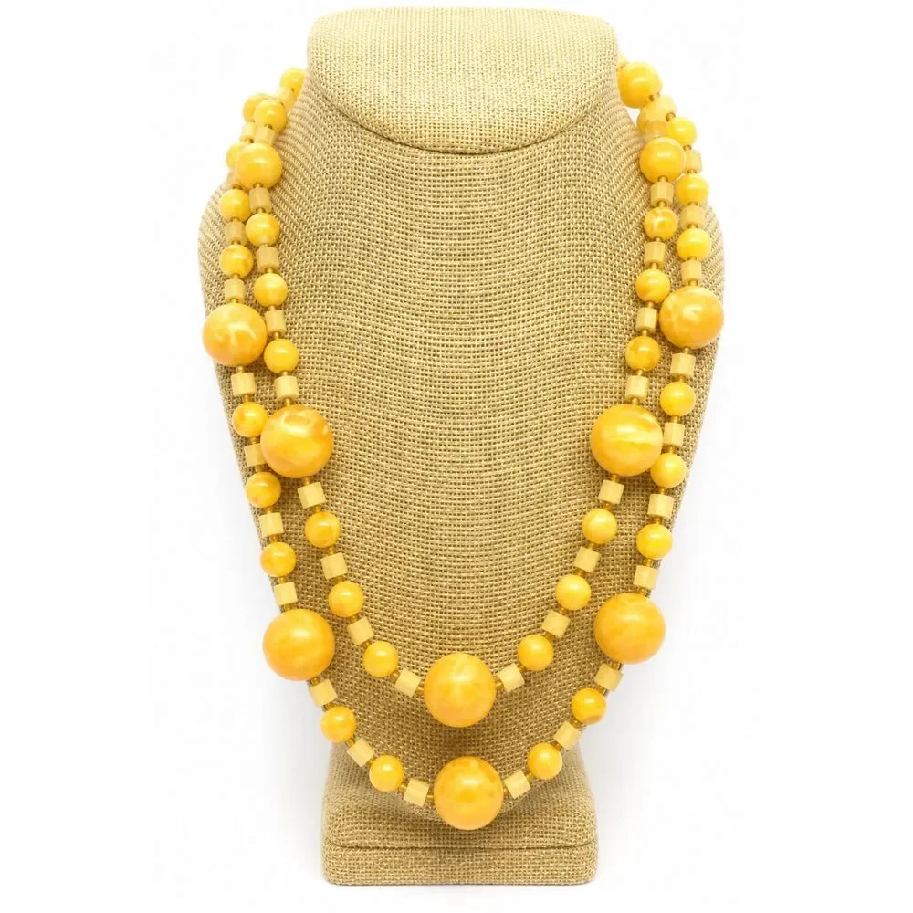 VINTAGE WEST GERMANY Necklace Yellow Lucite Double Strand Marbled MCM Mod